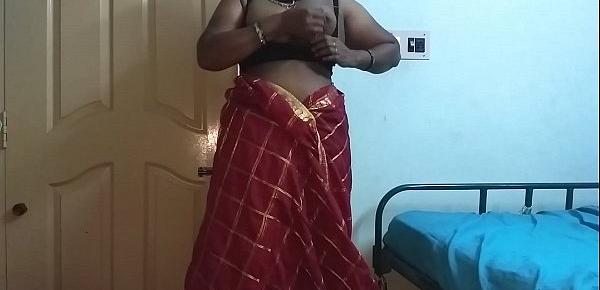 Desi indian tamil telugu kannada malayalam hindi horny cheating wife  vanitha wearing cherry red colour saree showing big boobs and shaved pussy  press hard boobs press nip rubbing pussy masturbation 1507 Porn